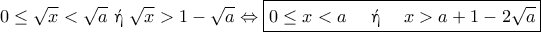 \displaystyle{
0 \le \sqrt{x} < \sqrt{a} \text{ \textgreek{ή} } \sqrt{x} > 1 - \sqrt{a}
\Leftrightarrow
\boxed{0 \le x < a \quad \text{ \textgreek{ή} } \quad x > a + 1 - 2 \sqrt{a}}
} \displaystyle{
0 \le \sqrt{x} < \sqrt{a} \text{ \textgreek{ή} } \sqrt{x} > 1 - \sqrt{a}
\Leftrightarrow
\boxed{0 \le x < a \quad \text{ \textgreek{ή} } \quad x > a + 1 - 2 \sqrt{a}}
}