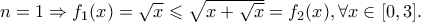 n=1 \Rightarrow f_{1}(x) = \sqrt{x} \leqslant \sqrt{x + \sqrt{x}} = f_{2}(x), \forall x \in [ 0, 3 ].