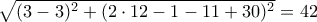\sqrt{(3-3)^{2}+(2\cdot12-1-11+30)^{2}}=42