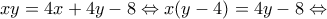 xy=4x+4y-8\Leftrightarrow x(y-4)=4y-8\Leftrightarrow