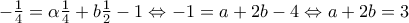 -\frac{1}{4}=\alpha \frac{1}{4}+b\frac{1}{2}-1\Leftrightarrow -1=a+2b-4\Leftrightarrow a+2b=3