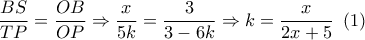 \dfrac{{BS}}{{TP}} = \dfrac{{OB}}{{OP}} \Rightarrow \dfrac{x}{{5k}} = \dfrac{3}{{3 - 6k}} \Rightarrow k = \dfrac{x}{{2x + 5}}\,\,\left( 1 \right)