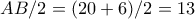 AB/2=(20+6)/2=13