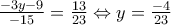 \frac{-3y-9}{-15}= \frac{13}{23}\Leftrightarrow y=\frac{-4}{23} \frac{-3y-9}{-15}= \frac{13}{23}\Leftrightarrow y=\frac{-4}{23}