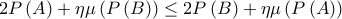 \displaystyle{2P\left( A \right) + \eta \mu \left( {P\left( B \right)} \right) \le 2P\left( B \right) + \eta \mu \left( {P\left( A \right)} \right)}