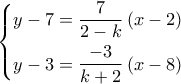 \left\{ \begin{gathered} 
  y - 7 = \frac{7}{{2 - k}}\left( {x - 2} \right) \hfill \\ 
  y - 3 = \frac{{ - 3}}{{k + 2}}\left( {x - 8} \right) \hfill \\  
\end{gathered}  \right.