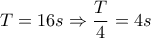 \displaystyle{T =16\text{ }\!\!\!\!\text{ }s\Rightarrow \text{ }\!\!\!\!\text{ }\frac{T}{4}=4\text{ }\!\!\!\!\text{ }s}