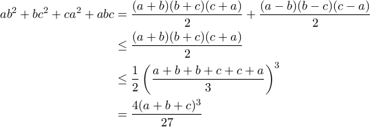 \begin{aligned} \notag 
ab^2+bc^2+ca^2 + abc&=\dfrac{(a+b)(b+c)(c+a)}{2}+\dfrac{(a-b)(b-c)(c-a)}{2}\\ 
&\leq \dfrac{(a+b)(b+c)(c+a)}{2}\\ 
&\leq \dfrac{1}{2}\left(\dfrac{a+b+b+c+c+a}{3}\right)^3\\ 
&= \dfrac{4(a+b+c)^3}{27}\\ 
\end{aligned}