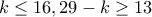 k\leq 16,29-k\geq 13