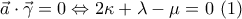 \displaystyle{\vec a\cdot \vec \gamma=0\Leftrightarrow 2\kappa+\lambda-\mu=0~(1)}