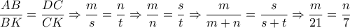 \dfrac{AB}{BK} = \dfrac{DC}{CK}  \Rightarrow  \dfrac{m}{s} = \dfrac{n}{t} \Rightarrow  \dfrac{m}{n} = \dfrac{s}{t} \Rightarrow  \dfrac{m}{m+n}= \dfrac{s}{s+t} \Rightarrow  \dfrac{m}{21}= \dfrac{n}{7} 