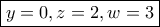 \boxed{y=0, z=2, w=3}