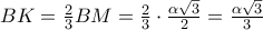BK=\frac{2}{3}BM=\frac{2}{3}\cdot\frac{\alpha \sqrt{3}}{2}=\frac{\alpha \sqrt{3}}{3}