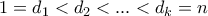 1 = d_1 < d_2 < ... < d_k = n