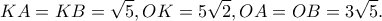 \displaystyle KA = KB = \sqrt 5 ,OK = 5\sqrt 2 ,OA = OB = 3\sqrt 5 .