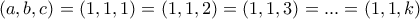 (a,b,c)=(1,1,1)=(1,1,2)=(1,1,3)=...=(1,1,k)