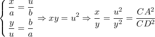 \displaystyle{\left\{ \begin{gathered} 
  \frac{x}{a} = \frac{u}{b} \hfill \\ 
  \frac{y}{u} = \frac{b}{a} \hfill \\  
\end{gathered}  \right. \Rightarrow xy = {u^2} \Rightarrow \dfrac{x}{y} = \dfrac{{{u^2}}}{{{y^2}}} = \dfrac{{C{A^2}}}{{C{D^2}}}}