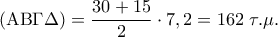 \displaystyle 
\left( {{\rm A}{\rm B}\Gamma \Delta } \right) = \frac{{30 + 15}}{2} \cdot 7,2 = 162\;\tau .\mu .