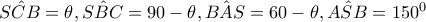 \hat{SCB}=\theta ,\hat{SBC}=90-\theta ,\hat{BAS}=60-\theta ,\hat{ASB}=150^{0}