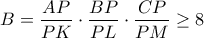 B = \displaystyle \frac{AP}{PK}\cdot \frac{BP}{PL}\cdot \frac{CP}{PM} \geq 8