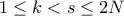 1\leq k<s \leq 2N