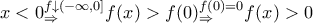 \displaystyle{x<0\mathtop \limits{_{\Rightarrow}^{f\downarrow (-\infty,0] }} f(x)>f(0)\mathtop \limits{_{\Rightarrow}^{f(0)=0 }} f(x)>0}
