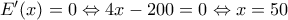 E'(x)=0\Leftrightarrow 4x-200=0\Leftrightarrow x=50