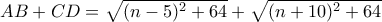 AB + CD = \sqrt{(n - 5)^2 + 64} + \sqrt{(n + 10)^2 + 64}