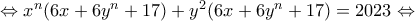 \Leftrightarrow x^n(6x+6y^n+17)+y^2(6x+6y^n+17)=2023\Leftrightarrow