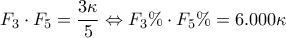 \displaystyle{F_3} \cdot {F_5} = \frac{{3\kappa }}{5} \Leftrightarrow {F_3}\%  \cdot {F_5}\%  = 6.000\kappa