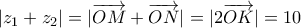 \displaystyle{|{z_1} + {z_2}| = |\overrightarrow {OM}  + \overrightarrow {ON} | = |2\overrightarrow {OK} | = 10}