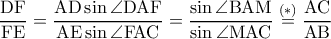 \rm \dfrac{DF}{FE}=\dfrac{AD\sin \angle DAF}{AE \sin \angle FAC}=\dfrac{\sin \angle BAM}{\sin \angle MAC}\overset{(*)}{=} \dfrac{AC}{AB} \rm \dfrac{DF}{FE}=\dfrac{AD\sin \angle DAF}{AE \sin \angle FAC}=\dfrac{\sin \angle BAM}{\sin \angle MAC}\overset{(*)}{=} \dfrac{AC}{AB}