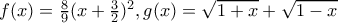 f(x)=\frac{8}{9}(x+\frac{3}{2})^2 ,g(x)= \sqrt{1+x} + \sqrt{1-x} f(x)=\frac{8}{9}(x+\frac{3}{2})^2 ,g(x)= \sqrt{1+x} + \sqrt{1-x}