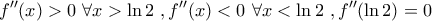 \displaystyle{f''(x)>0\ \forall x>\ln 2\,\,,f''(x)<0\ \forall x<\ln 2\,\,,f''(\ln 2)=0}