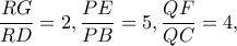 \dfrac{RG}{RD}=2, \dfrac{PE}{PB}=5, \dfrac{QF}{QC}=4,