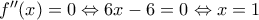 f''(x)=0\Leftrightarrow 6x-6=0\Leftrightarrow x=1 f''(x)=0\Leftrightarrow 6x-6=0\Leftrightarrow x=1