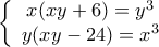 \displaystyle{\displaystyle{ 
\left\{ {\begin{array}{*{20}c} 
   {x(xy + 6) = y^3 }  \\ 
   {y(xy - 24) = x^3 }  \\ 
\end{array}} \right. 
}}