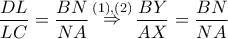 \displaystyle\frac{{DL}}{{LC}} = \displaystyle\frac{{BN}}{{NA}}\mathop  \Rightarrow \limits^{\left( 1 \right),\left( 2 \right)} \displaystyle\frac{{BY}}{{AX}} = \displaystyle\frac{{BN}}{{NA}}