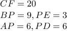 \displaystyle{ 
\begin{array}{l} 
 CF = 20 \\  
 BP = 9,PE = 3 \\  
 AP = 6,PD = 6 \\  
 \end{array} 
}