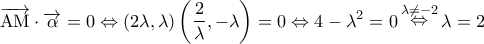 \displaystyle{\overrightarrow {{\rm A}{\rm M}}  \cdot \overrightarrow \alpha   = 0 \Leftrightarrow (2\lambda ,\lambda )\left( {\frac{2}{\lambda }, - \lambda } \right) = 0 \Leftrightarrow 4 - {\lambda ^2} = 0\mathop  \Leftrightarrow \limits^{\lambda  \ne  - 2} \lambda  = 2}