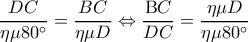  \displaystyle \frac{{DC}}{{\eta \mu 80^\circ }} = \frac{{BC}}{{\eta \mu D}} \Leftrightarrow \frac{{{\rm B}C}}{{DC}} = \frac{{\eta \mu D}}{{\eta \mu 80^\circ }}