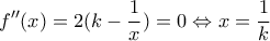 \displaystyle {f}''(x)=2(k-\frac{1}{x})=0\Leftrightarrow x=\frac{1}{k}