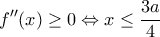 \displaystyle {f}''(x)\ge 0\Leftrightarrow x\le \frac{3a}{4}