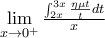 \underset{x\to {{0}^{+}}}{\mathop{\lim }}\,\frac{\int_{2x}^{3x}{\frac{\eta \mu t}{t}dt}}{x}
