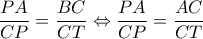\dfrac{{PA}}{{CP}} = \dfrac{{BC}}{{CT}} \Leftrightarrow \dfrac{{PA}}{{CP}} = \dfrac{{AC}}{{CT}}