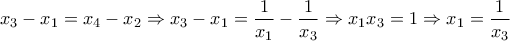 x_3-x_1=x_4-x_2\Rightarrow x_3-x_1=\dfrac{1}{x_1}-\dfrac{1}{x_3}\Rightarrow x_1x_3=1\Rightarrow x_1=\dfrac{1}{x_3}