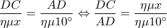 \displaystyle \frac{{DC}}{{\eta \mu x}} = \frac{{AD}}{{\eta \mu 10^\circ }} \Leftrightarrow \frac{{DC}}{{AD}} = \frac{{\eta \mu x}}{{\eta \mu 10^\circ }}