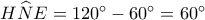 H\widehat NE = {120^ \circ } - {60^ \circ } = {60^ \circ }