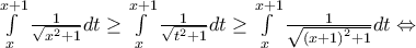 \int\limits_{x}^{x+1}{\frac{1}{\sqrt{{{x}^{2}}+1}}dt}\ge \int\limits_{x}^{x+1}{\frac{1}{\sqrt{{{t}^{2}}+1}}dt}\ge \int\limits_{x}^{x+1}{\frac{1}{\sqrt{{{(x+1)}^{2}}+1}}dt}\Leftrightarrow \int\limits_{x}^{x+1}{\frac{1}{\sqrt{{{x}^{2}}+1}}dt}\ge \int\limits_{x}^{x+1}{\frac{1}{\sqrt{{{t}^{2}}+1}}dt}\ge \int\limits_{x}^{x+1}{\frac{1}{\sqrt{{{(x+1)}^{2}}+1}}dt}\Leftrightarrow
