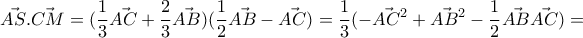 \displaystyle{\vec{AS}. \vec{CM}=(\frac{1}{3}\vec{AC}+\frac{2}{3}\vec{AB})(\frac{1}{2}\vec{AB}-\vec{AC})=\frac{1}{3}(-\vec{AC}^2 +\vec{AB}^2 -\frac{1}{2}\vec{AB}\vec{AC})=}